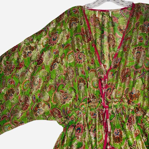 Miss June Paris Mini Dress Tunic Cover Up Green Gold Kimono Sleeve Beach Resort - Picture 8 of 8